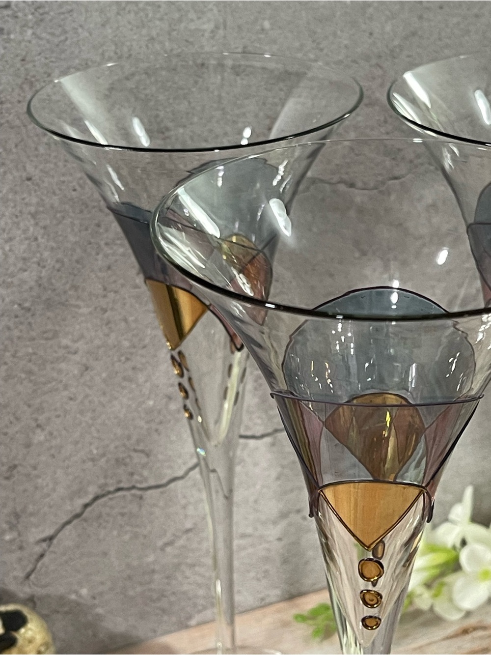 Set Of 3 Luminescence Flute Cocktail Handcrafted Romania Hand Blown Glasses - Picture 10 of 13